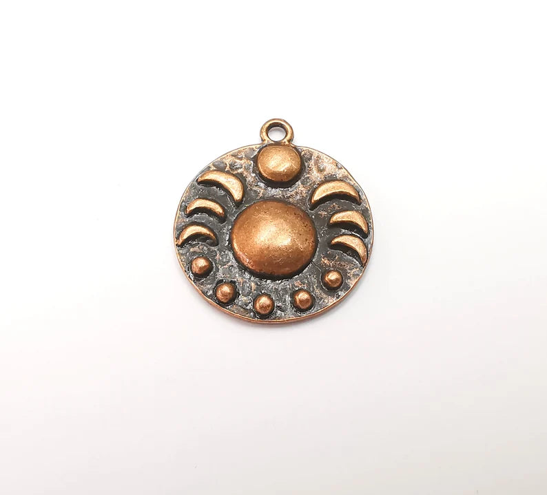Crescent Moon Charms The Phases of The Moon, Round Hammered Ethnic Antique Copper Plated (29x25mm) G28833