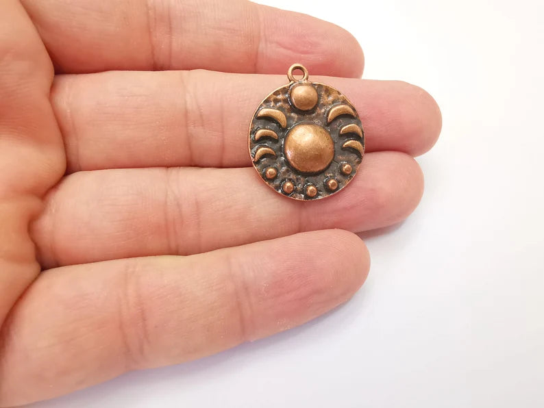 Crescent Moon Charms The Phases of The Moon, Round Hammered Ethnic Antique Copper Plated (29x25mm) G28833