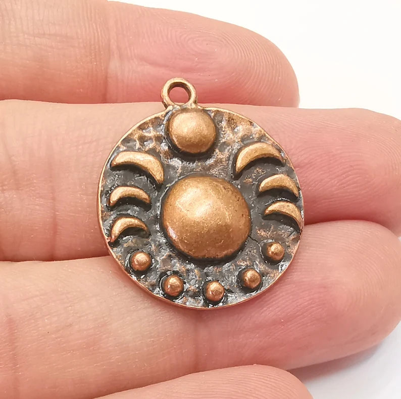 Crescent Moon Charms The Phases of The Moon, Round Hammered Ethnic Antique Copper Plated (29x25mm) G28833
