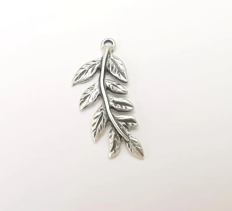 4 Leaf Charms, Leafy Branch Plant Charms, Antique Silver Plated (35x15mm) G28835