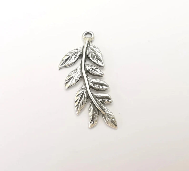 4 Leaf Charms, Leafy Branch Plant Charms, Antique Silver Plated (35x15mm) G28835