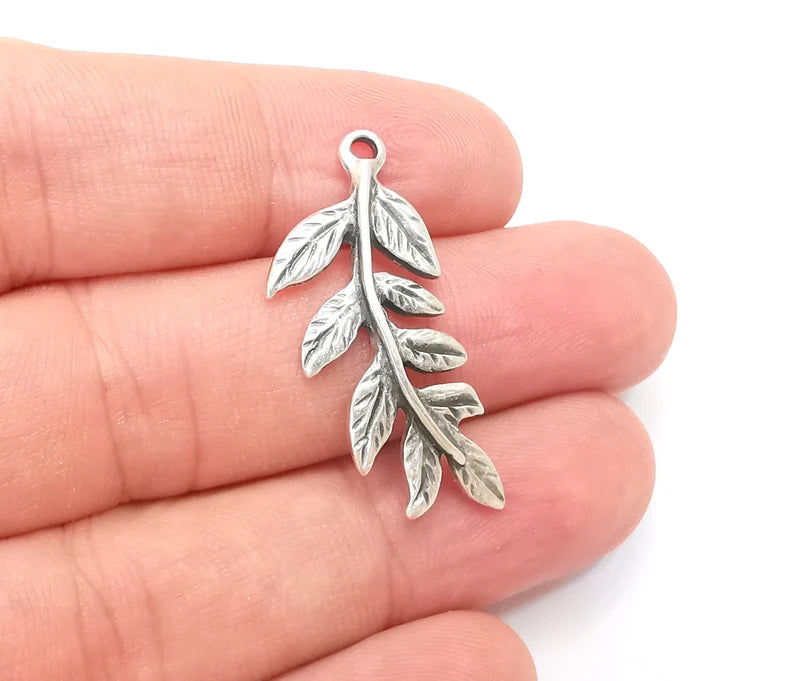 4 Leaf Charms, Leafy Branch Plant Charms, Antique Silver Plated (35x15mm) G28835