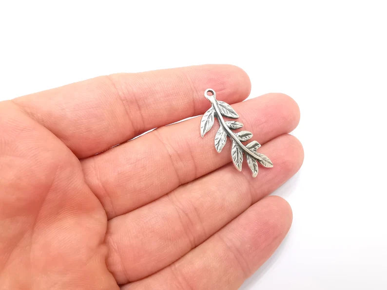 4 Leaf Charms, Leafy Branch Plant Charms, Antique Silver Plated (35x15mm) G28835