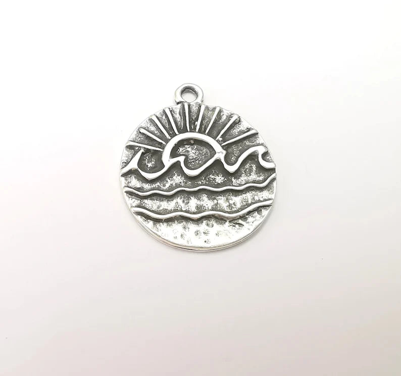 2 Wavy Sea and Sun Charm, Antique Silver Plated Charms (25x22mm) G28837
