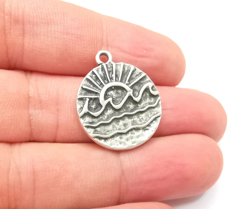 2 Wavy Sea and Sun Charm, Antique Silver Plated Charms (25x22mm) G28837