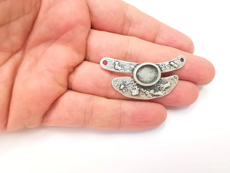 Unique Pendant Bezel, Resin Blank, inlay Mounting, Mosaic Frame Cabochon Base Dry Flower Setting, Antique Silver Plated 12x10mm bezel G28838