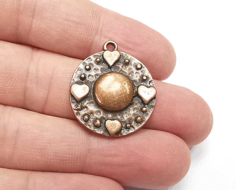 Heart Charms, Hammered Disc Moon Pendant, Antique Copper Plated (28x25mm) G28849