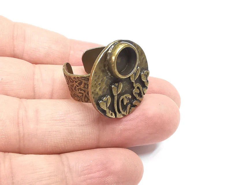 Flower Ring Setting , Tulip Ring, Hammered Round Ring Blank , Cabochon Mounting, Adjustable Resin Base Bezels, Antique Bronze (8mm) G28852