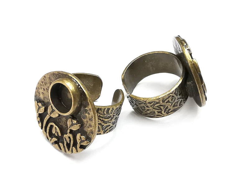 Flower Ring Setting , Tulip Ring, Hammered Round Ring Blank , Cabochon Mounting, Adjustable Resin Base Bezels, Antique Bronze (8mm) G28852