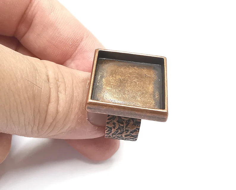 Square Antique Copper Ring Blank Setting, Cabochon Mounting, Adjustable Resin Ring Base Bezel, Inlay Ring Mosaic Ring Bezel (18x18mm) G28853
