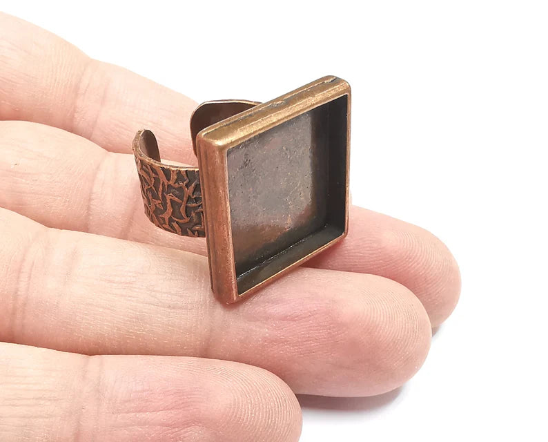 Square Antique Copper Ring Blank Setting, Cabochon Mounting, Adjustable Resin Ring Base Bezel, Inlay Ring Mosaic Ring Bezel (18x18mm) G28853