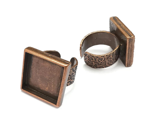 Square Antique Copper Ring Blank Setting, Cabochon Mounting, Adjustable Resin Ring Base Bezel, Inlay Ring Mosaic Ring Bezel (18x18mm) G28853