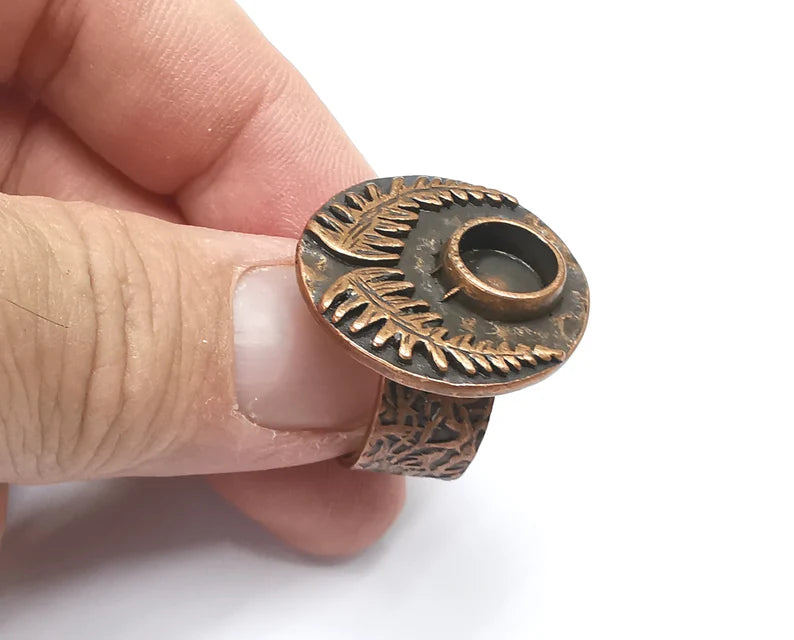 Fern Leaf Ring Blanks Settings, Cabochon Mounting, Adjustable Resin Ring Base Bezels, Antique Copper Plated Brass (8mm) G28857