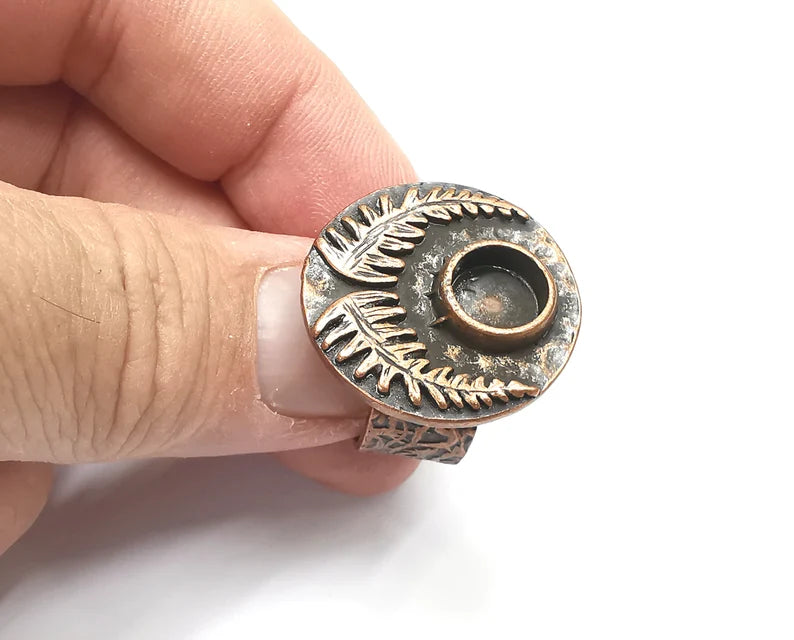 Fern Leaf Ring Blanks Settings, Cabochon Mounting, Adjustable Resin Ring Base Bezels, Antique Copper Plated Brass (8mm) G28857