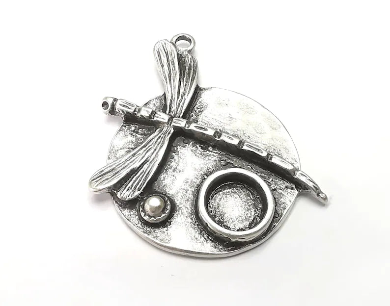 Dragonfly Pendant Bezel, Resin Blank, inlay Mountings, Mosaic Frame, Cabochon Bases, Dry Flower Settings, Antique Silver Plated (8mm) G28861