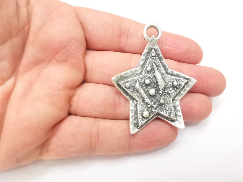 Star Charms, Falling Star Charm, Antique Silver Plated Night Sky Charms (56x43mm) G28872