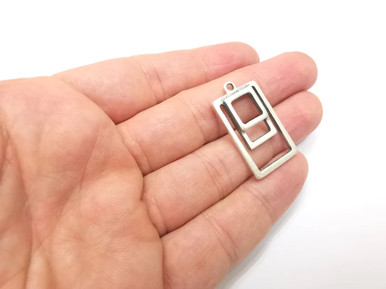 Square Rectangle Bezel Charms, Antique Silver Geometric Plated (34x18mm) G28875