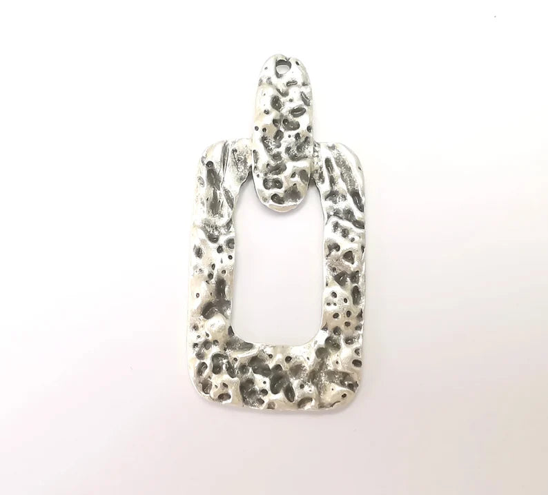 Unique Hammered Silver Pendant Antique Silver Plated Charms (58x28mm) G28876