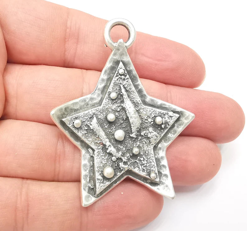Star Charms, Falling Star Charm, Antique Silver Plated Night Sky Charms (56x43mm) G28872
