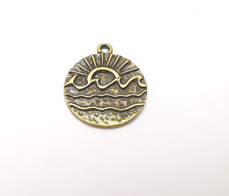 2 Wavy Sea and Sun Charm, Antique Bronze Plated Charms (25x22mm) G28881