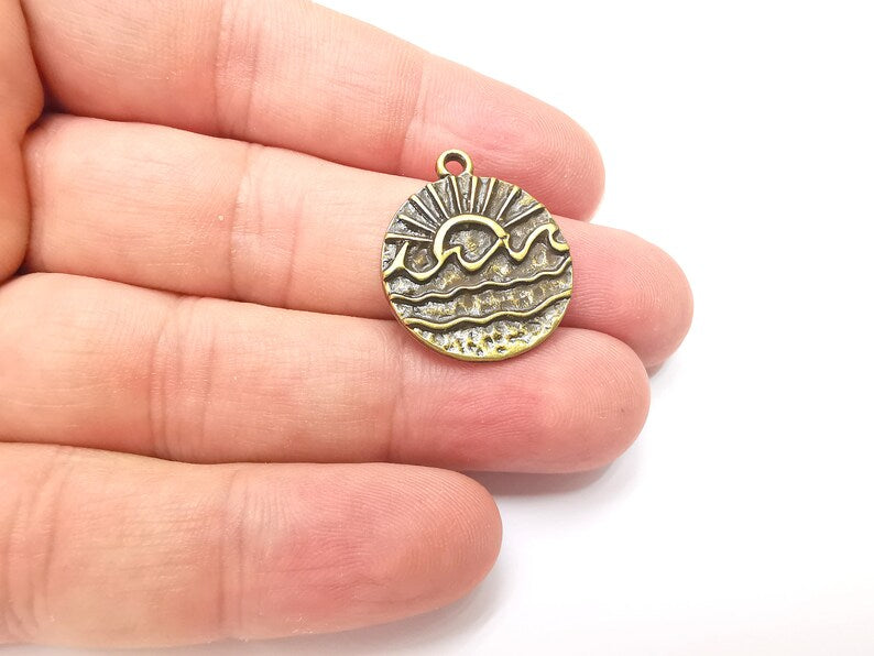 2 Wavy Sea and Sun Charm, Antique Bronze Plated Charms (25x22mm) G28881