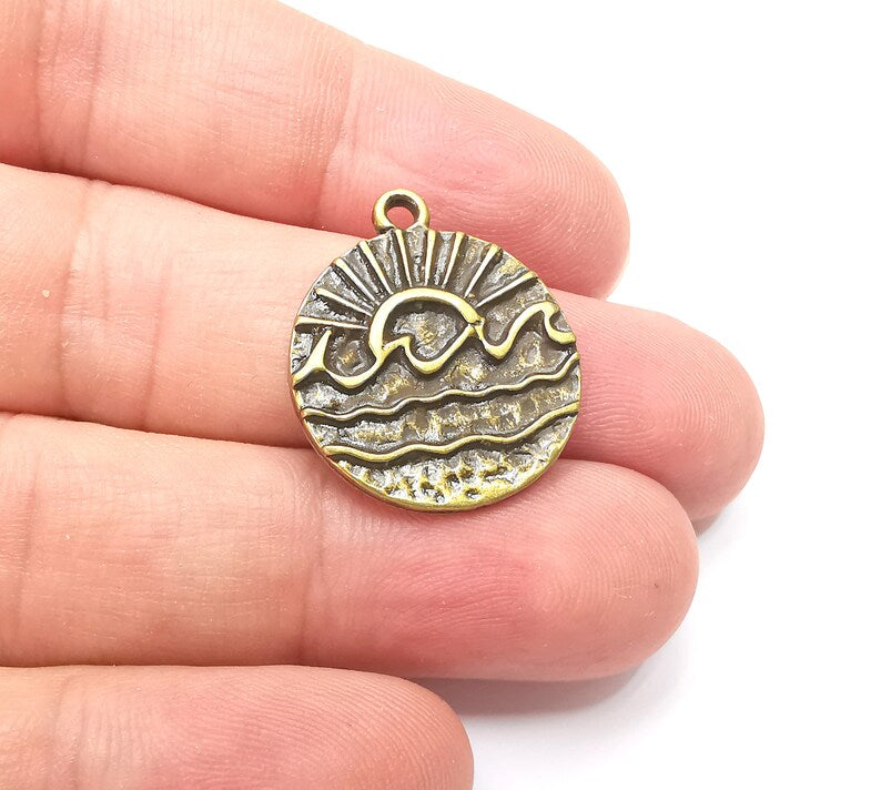 2 Wavy Sea and Sun Charm, Antique Bronze Plated Charms (25x22mm) G28881