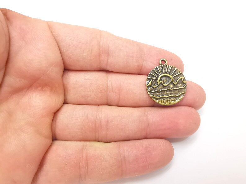 2 Wavy Sea and Sun Charm, Antique Bronze Plated Charms (25x22mm) G28881