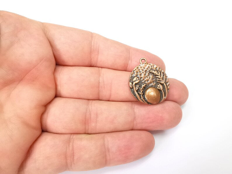 Garden Flowers Charms Full Moon Charms Hammered Disc Pendant Antique Copper Plated (28x25mm) G29010