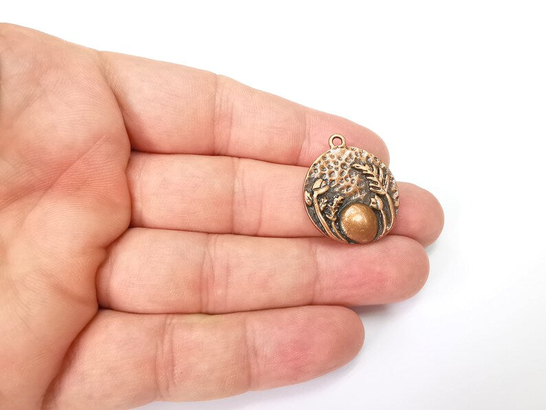 Garden Flowers Charms Full Moon Charms Hammered Disc Pendant Antique Copper Plated (28x25mm) G29010