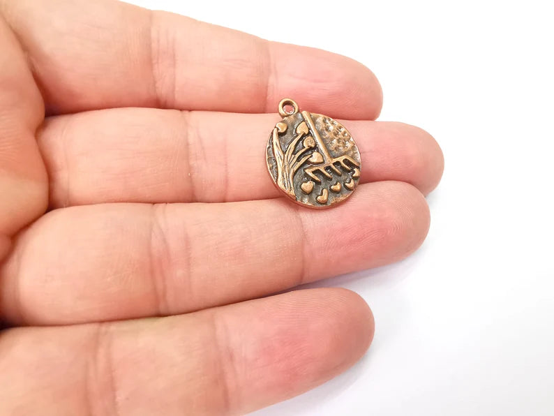 2 Heart Leaf Tree and Mop Charms Antique Copper Plated Charms (23x19mm) G29012
