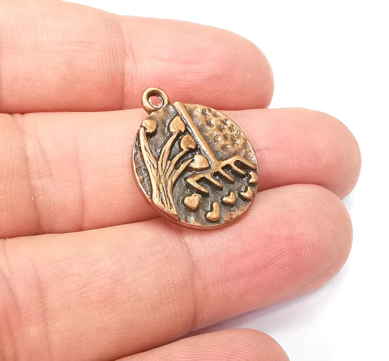 2 Heart Leaf Tree and Mop Charms Antique Copper Plated Charms (23x19mm) G29012