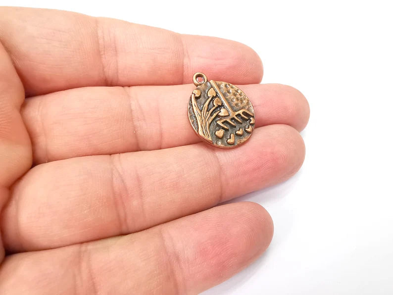 2 Heart Leaf Tree and Mop Charms Antique Copper Plated Charms (23x19mm) G29012