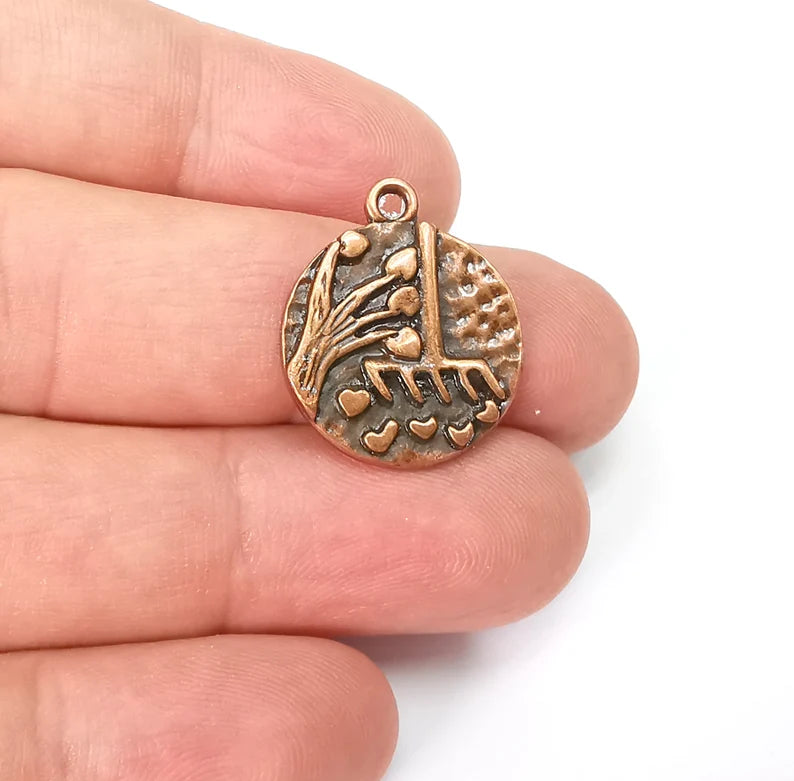 2 Heart Leaf Tree and Mop Charms Antique Copper Plated Charms (23x19mm) G29012