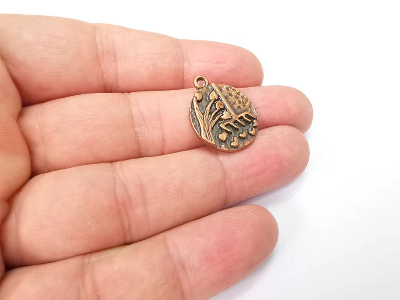2 Heart Leaf Tree and Mop Charms Antique Copper Plated Charms (23x19mm) G29012