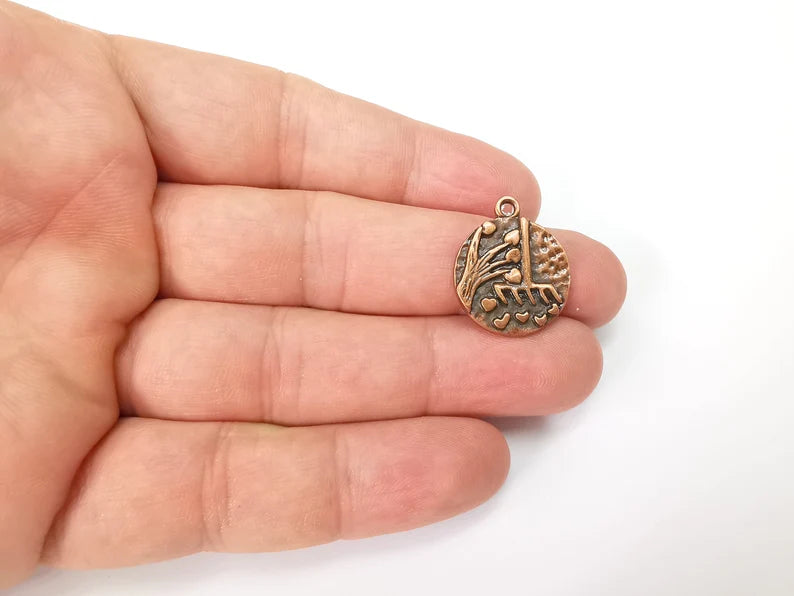 2 Heart Leaf Tree and Mop Charms Antique Copper Plated Charms (23x19mm) G29012