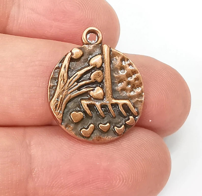 2 Heart Leaf Tree and Mop Charms Antique Copper Plated Charms (23x19mm) G29012
