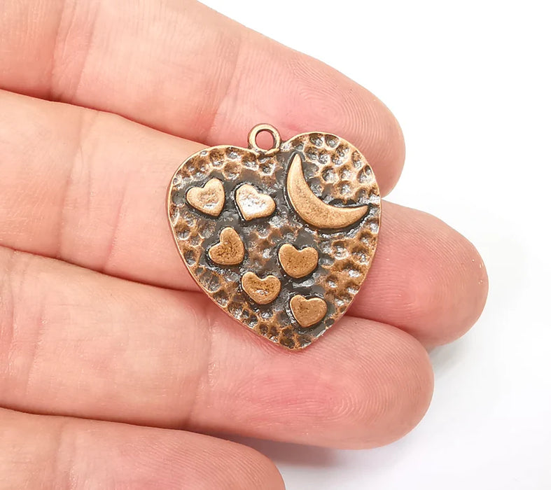 Heart Charms Crescent Moon Charms Hammered Disc Pendant Antique Copper Plated (29x27mm) G29023