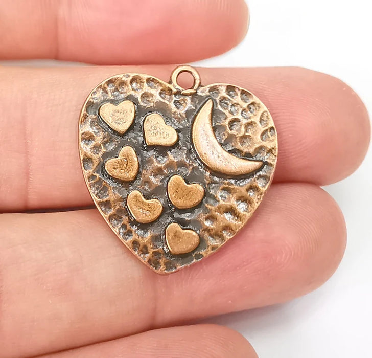 Heart Charms Crescent Moon Charms Hammered Disc Pendant Antique Copper Plated (29x27mm) G29023