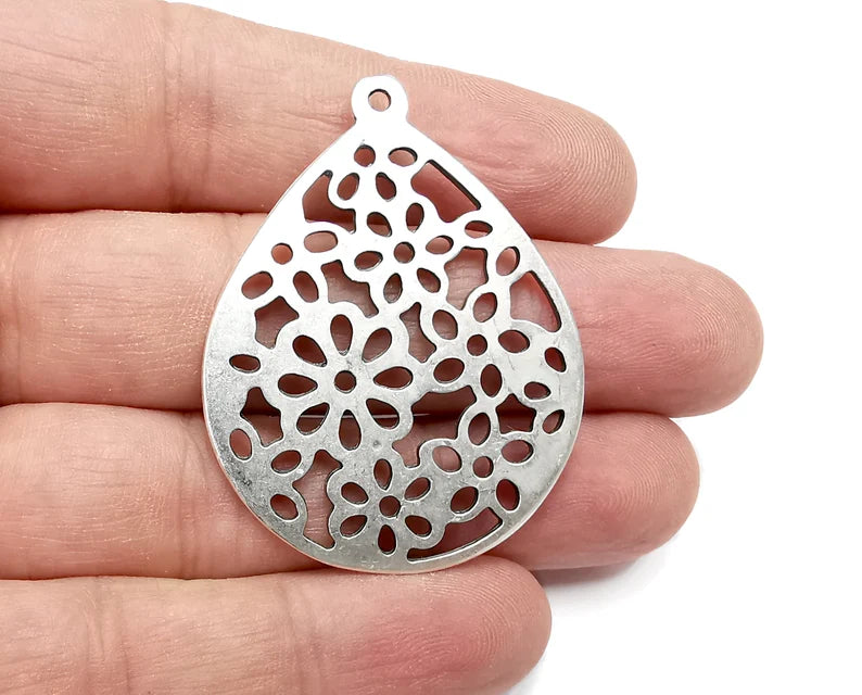 Drop Filigree Dangle Charms, Antique Silver Plated Charms (49x38mm) G29024