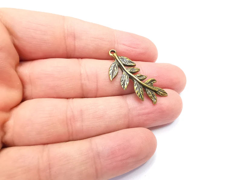 2 Leaf Charms, Leafy Branch Plant Charms, Antique Bronze Plated (35x15mm) G29029