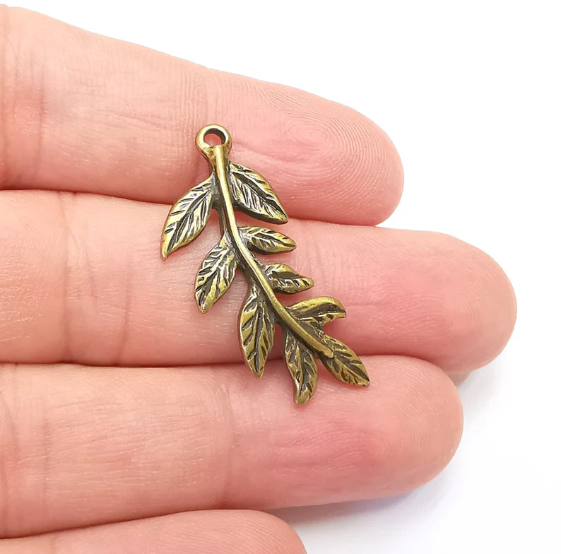 2 Leaf Charms, Leafy Branch Plant Charms, Antique Bronze Plated (35x15mm) G29029