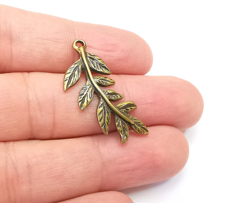 2 Leaf Charms, Leafy Branch Plant Charms, Antique Bronze Plated (35x15mm) G29029