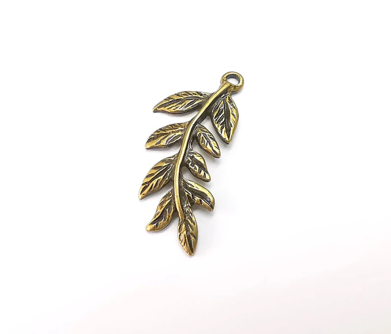 2 Leaf Charms, Leafy Branch Plant Charms, Antique Bronze Plated (35x15mm) G29029