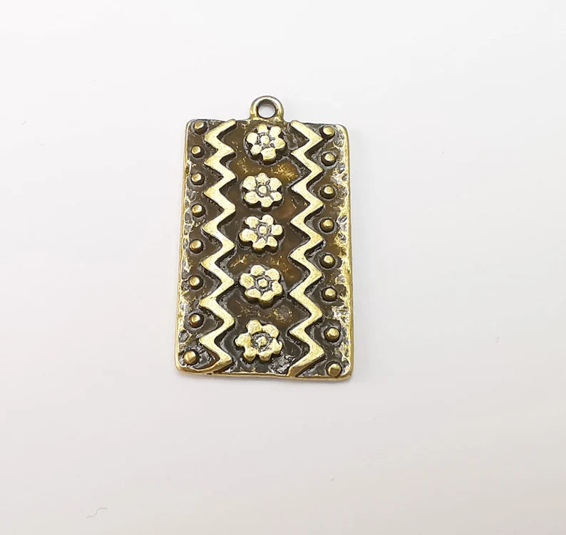 Flower Motif Charms, Zigzag Charms, Antique Bronze Plated (35x20mm) G29032