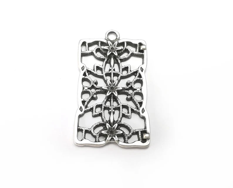 Rectangle Filigree Flower Dangle Charms, Antique Silver Plated Charms (44x25mm) G29039