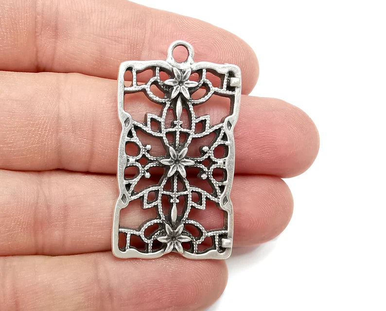 Rectangle Filigree Flower Dangle Charms, Antique Silver Plated Charms (44x25mm) G29039