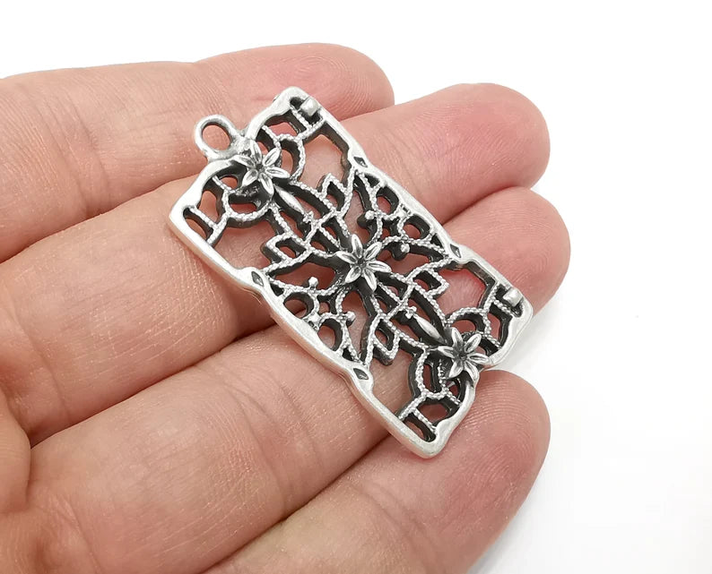 Rectangle Filigree Flower Dangle Charms, Antique Silver Plated Charms (44x25mm) G29039