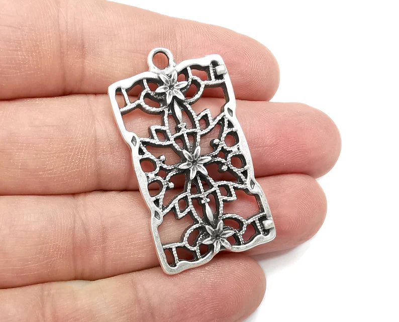 Rectangle Filigree Flower Dangle Charms, Antique Silver Plated Charms (44x25mm) G29039