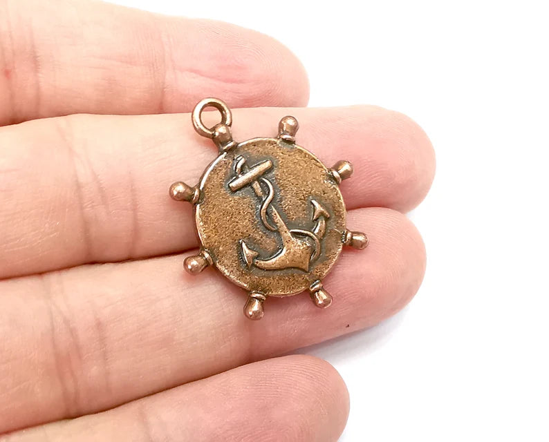 Anchor, Ship Wheel Round Charms, Antique Copper Plated Charms (32x28mm) G29060