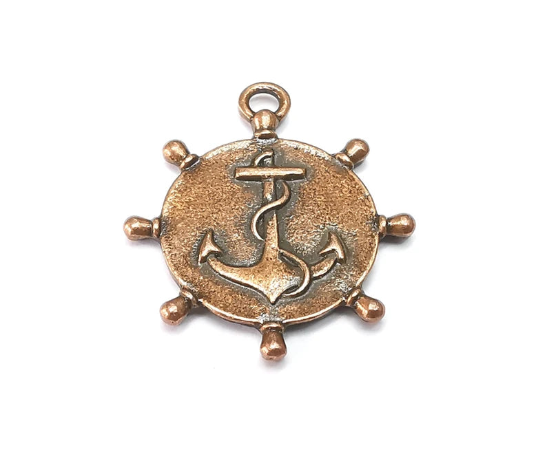 Anchor, Ship Wheel Round Charms, Antique Copper Plated Charms (32x28mm) G29060